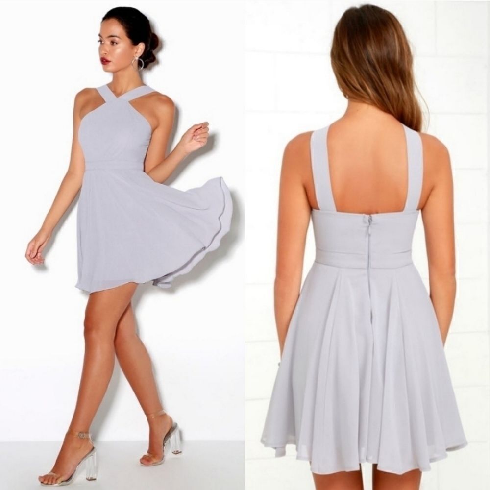 Lulus Forevermore Halter‎ Grey Skater Mini Dress LG